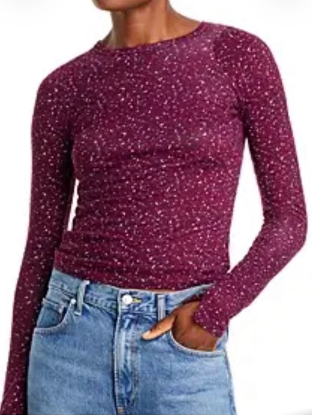 Free People NWT maroon stretchy long sleeve embellished crystals top size M/L